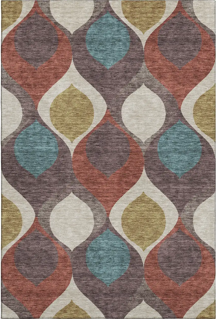 Brown Rust And Teal Ogee Washable Area Rug With UV Protection Photo 1