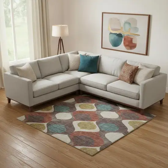 Brown Rust And Teal Ogee Washable Area Rug With UV Protection Photo 2