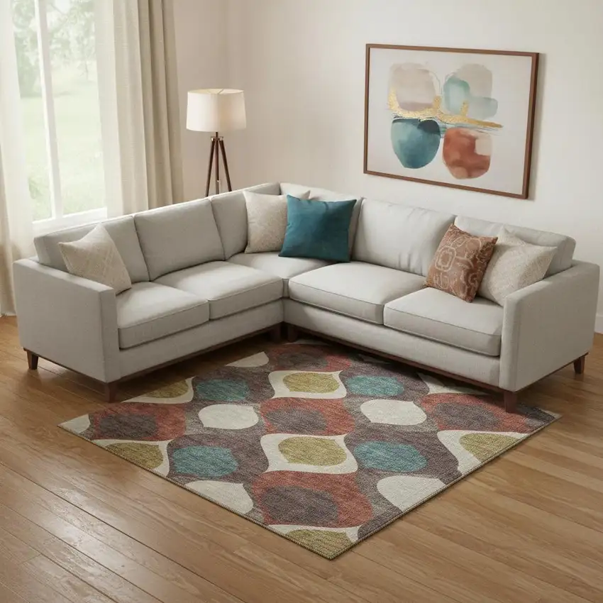 Brown Rust And Teal Ogee Washable Area Rug With UV Protection Photo 2