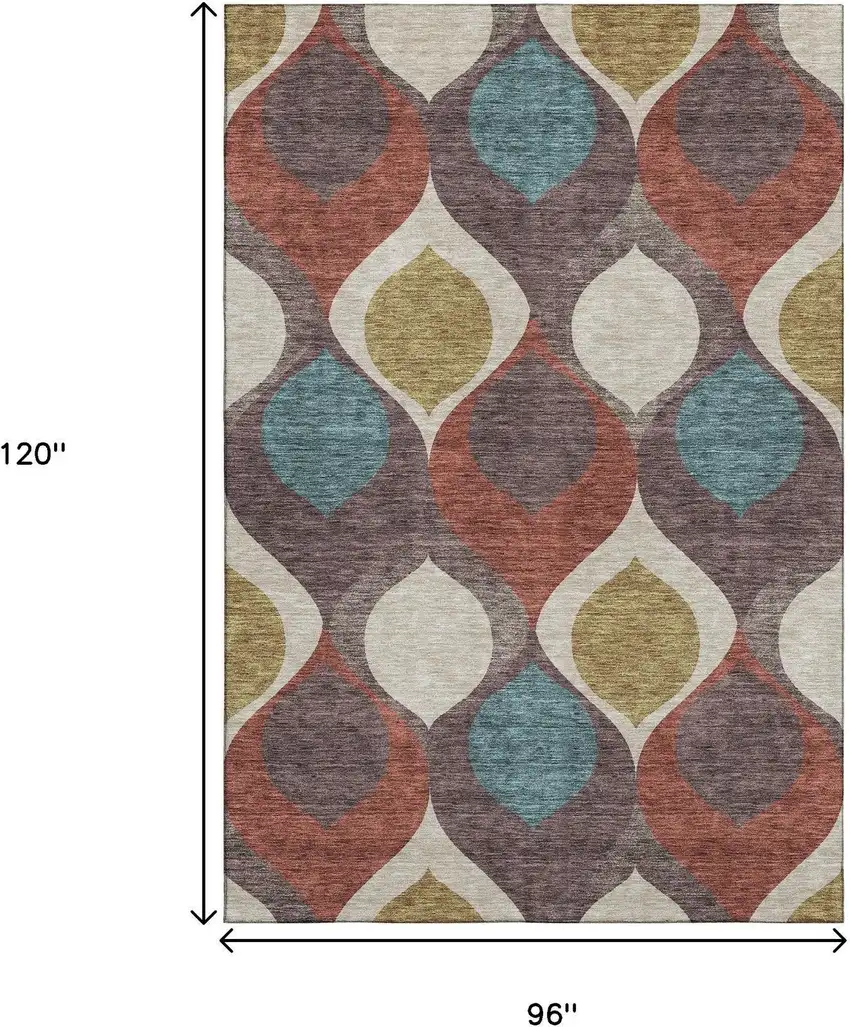 Brown Rust And Teal Ogee Washable Area Rug With UV Protection Photo 9