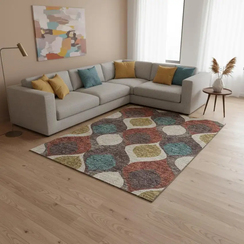 Brown Rust And Teal Ogee Washable Area Rug With UV Protection Photo 2