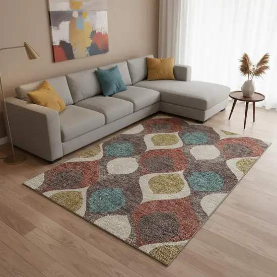 Brown Rust And Teal Ogee Washable Area Rug With UV Protection Photo 2