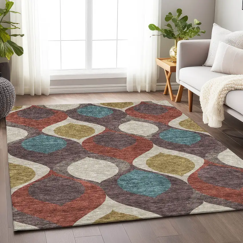 Brown Rust And Teal Ogee Washable Area Rug With UV Protection Photo 5