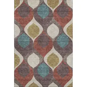 Photo of Brown Rust And Teal Ogee Washable Area Rug With UV Protection