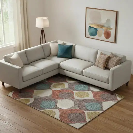 Brown Rust And Teal Ogee Washable Area Rug With UV Protection Photo 1