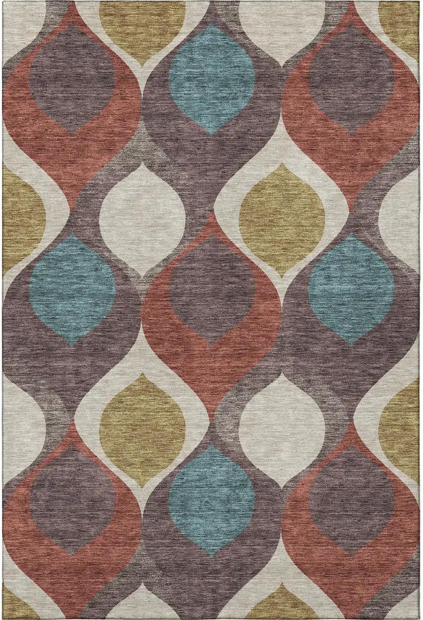 Brown Rust And Teal Ogee Washable Area Rug With UV Protection Photo 4