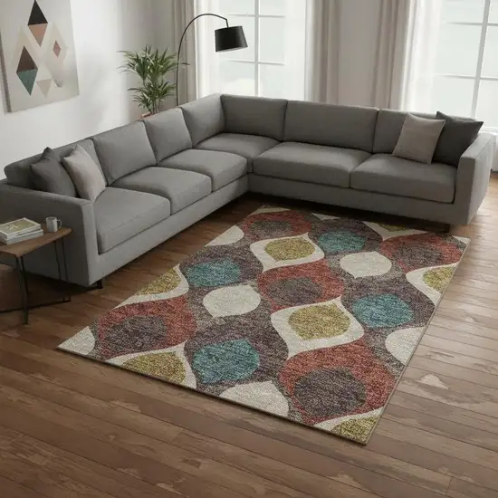 Brown Rust And Teal Ogee Washable Area Rug With UV Protection Photo 2