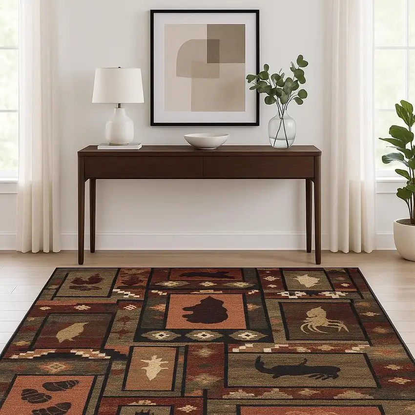 Brown Rust Berry Sage Green Gold And Ivory Southwestern Power Loom Stain Resistant Area Rug Photo 1