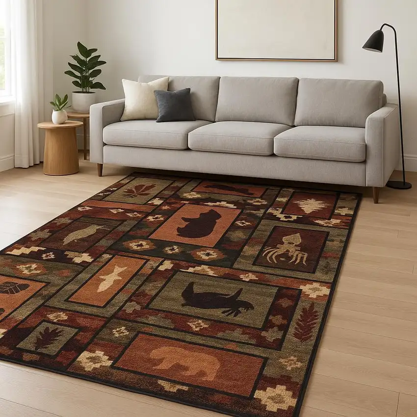 8' X 10' Brown Rust Berry Sage Green Gold And Ivory Southwestern Power Loom Stain Resistant Area Rug Photo 1
