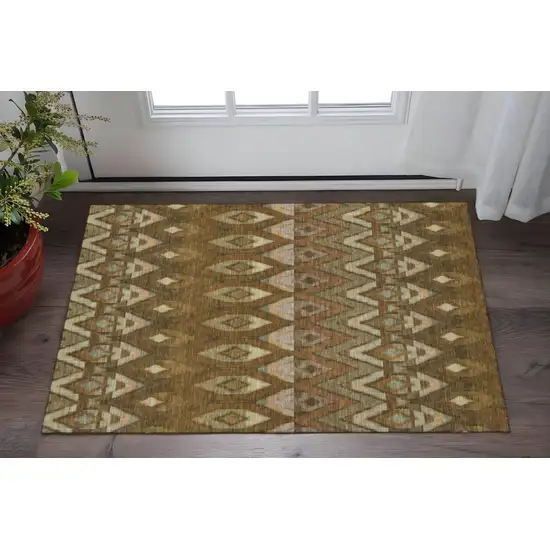 Brown Sage And Beige Southwestern Washable Area Rug With UV Protection Photo 2