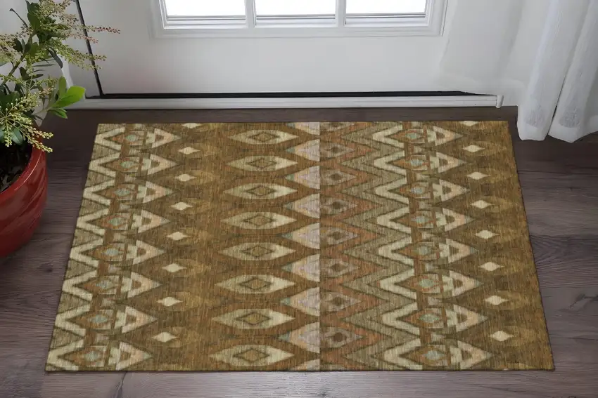 Brown Sage And Beige Southwestern Washable Area Rug With UV Protection Photo 2