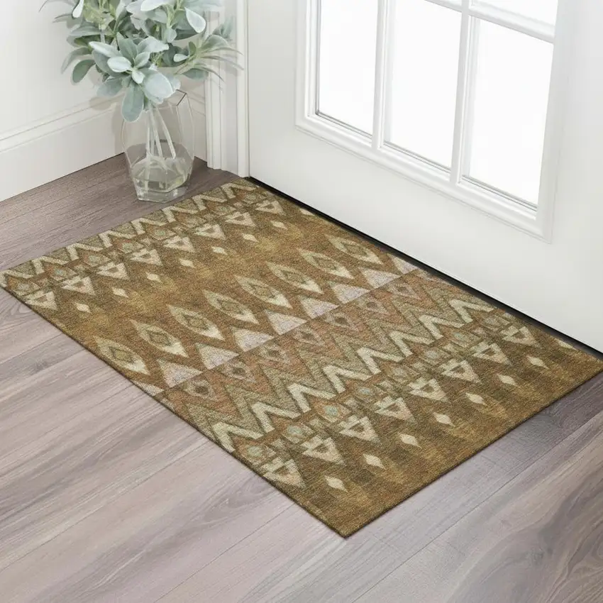 Brown Sage And Beige Southwestern Washable Area Rug With UV Protection Photo 1