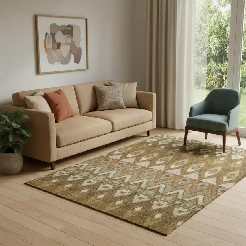 Brown Sage And Beige Southwestern Washable Area Rug With UV Protection Photo 1