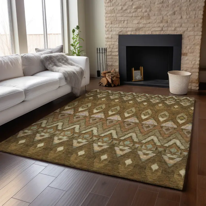Brown Sage And Beige Southwestern Washable Area Rug With UV Protection Photo 4