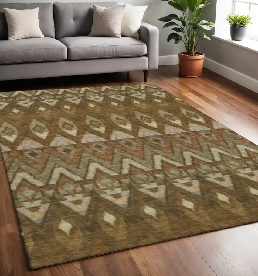 Brown Sage And Beige Southwestern Washable Area Rug With UV Protection Photo 2