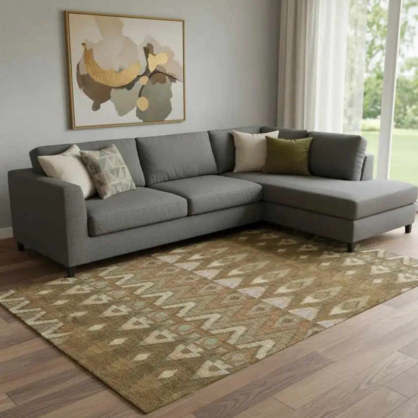 Brown Sage And Beige Southwestern Washable Area Rug With UV Protection Photo 1