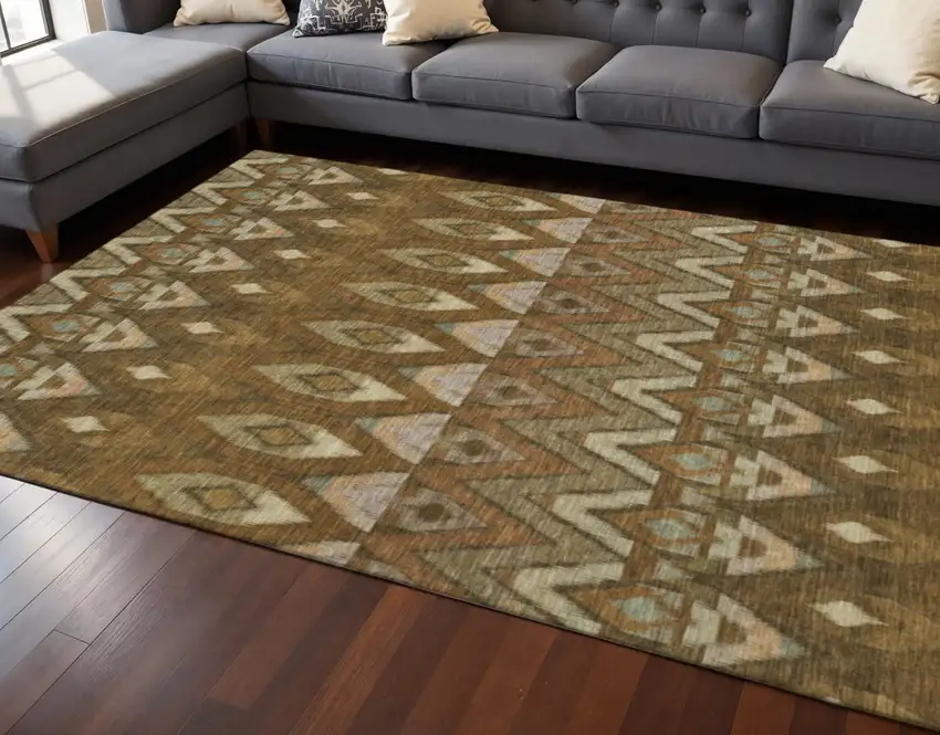 Brown Sage And Beige Southwestern Washable Area Rug With UV Protection Photo 2