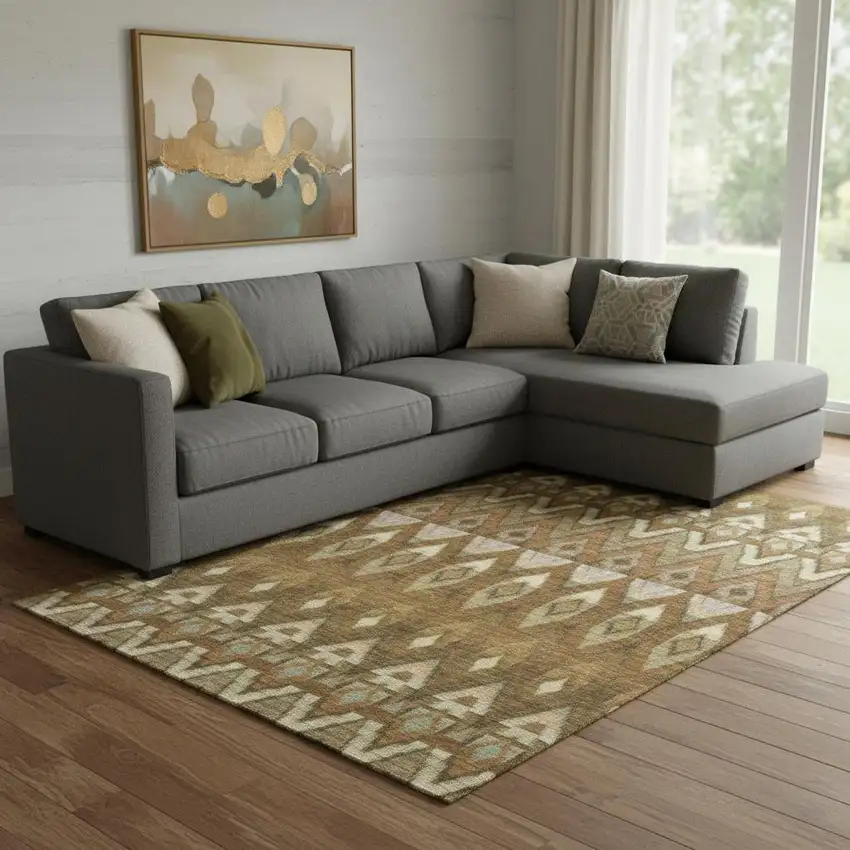 Brown Sage And Beige Southwestern Washable Area Rug With UV Protection Photo 1