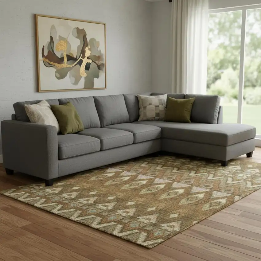 Brown Sage And Beige Southwestern Washable Area Rug With UV Protection Photo 1