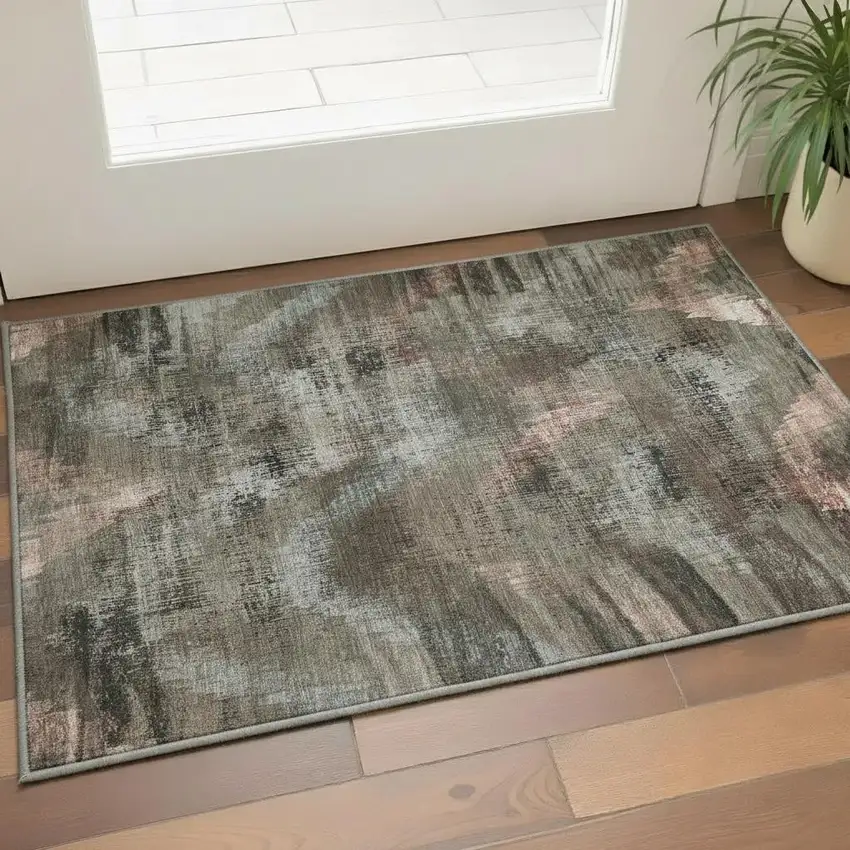 Brown Salmon And Gray Abstract Washable Area Rug With UV Protection Photo 2