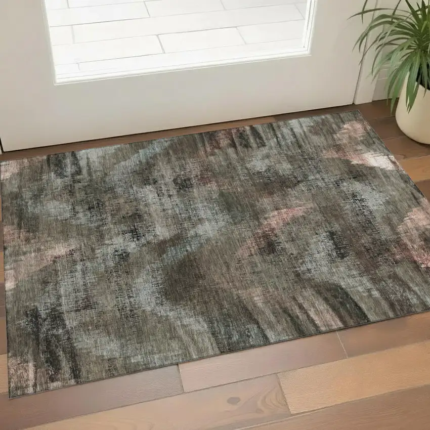 Brown Salmon And Gray Abstract Washable Area Rug With UV Protection Photo 1