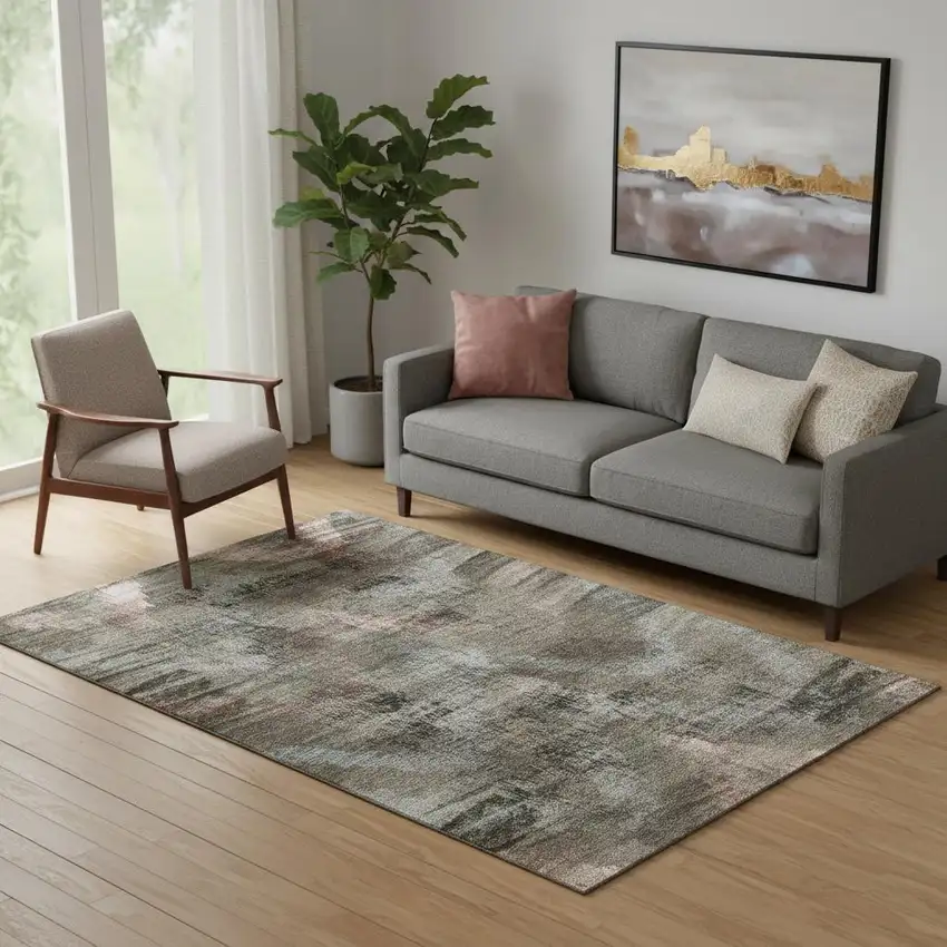Brown Salmon And Gray Abstract Washable Area Rug With UV Protection Photo 1