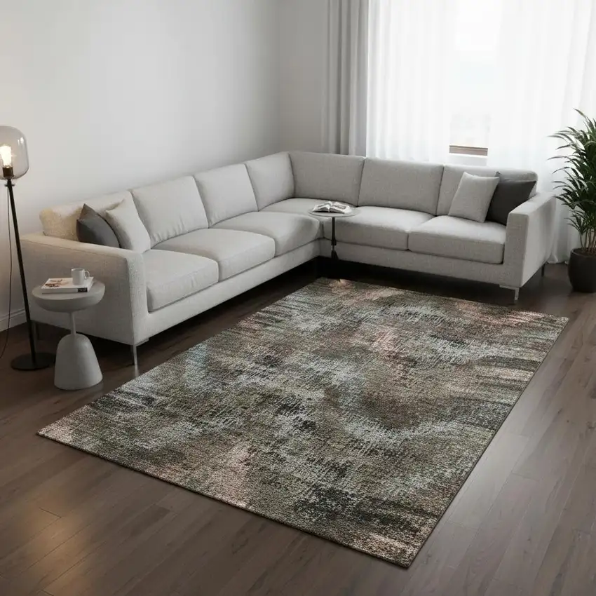 Brown Salmon And Gray Abstract Washable Area Rug With UV Protection Photo 2