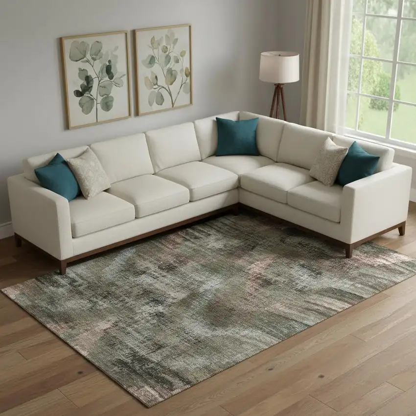 Brown Salmon And Gray Abstract Washable Area Rug With UV Protection Photo 1