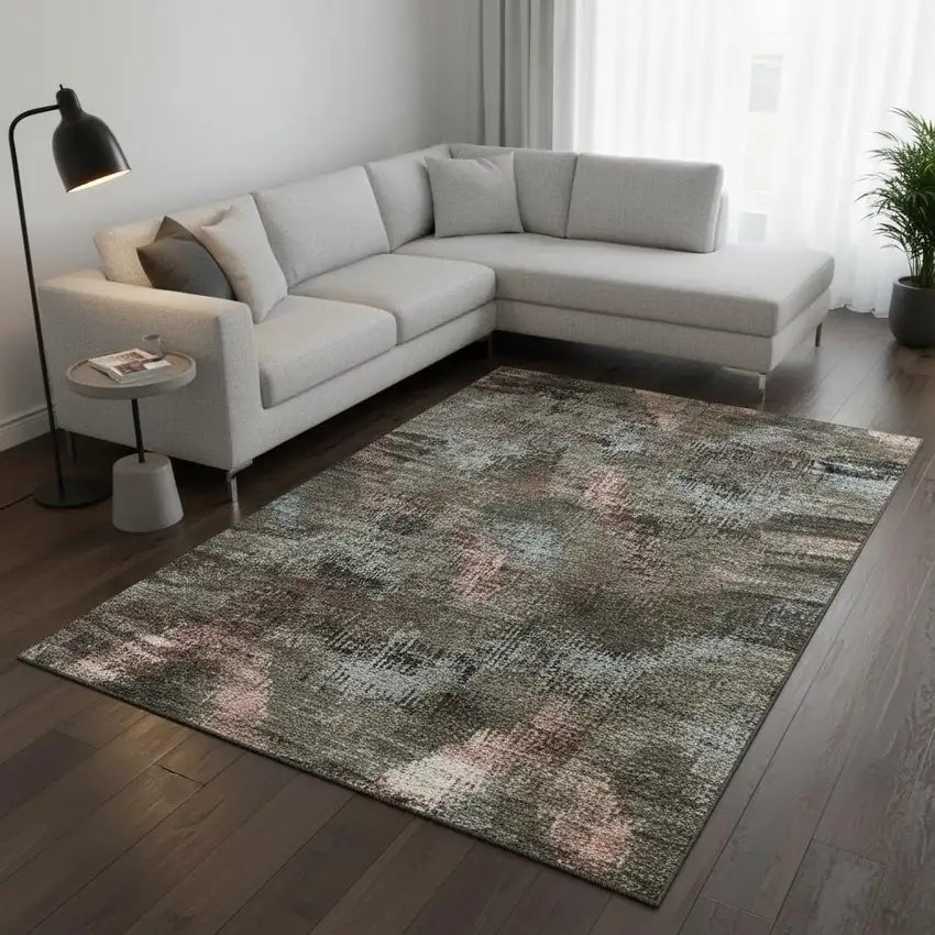 Brown Salmon And Gray Abstract Washable Area Rug With UV Protection Photo 2