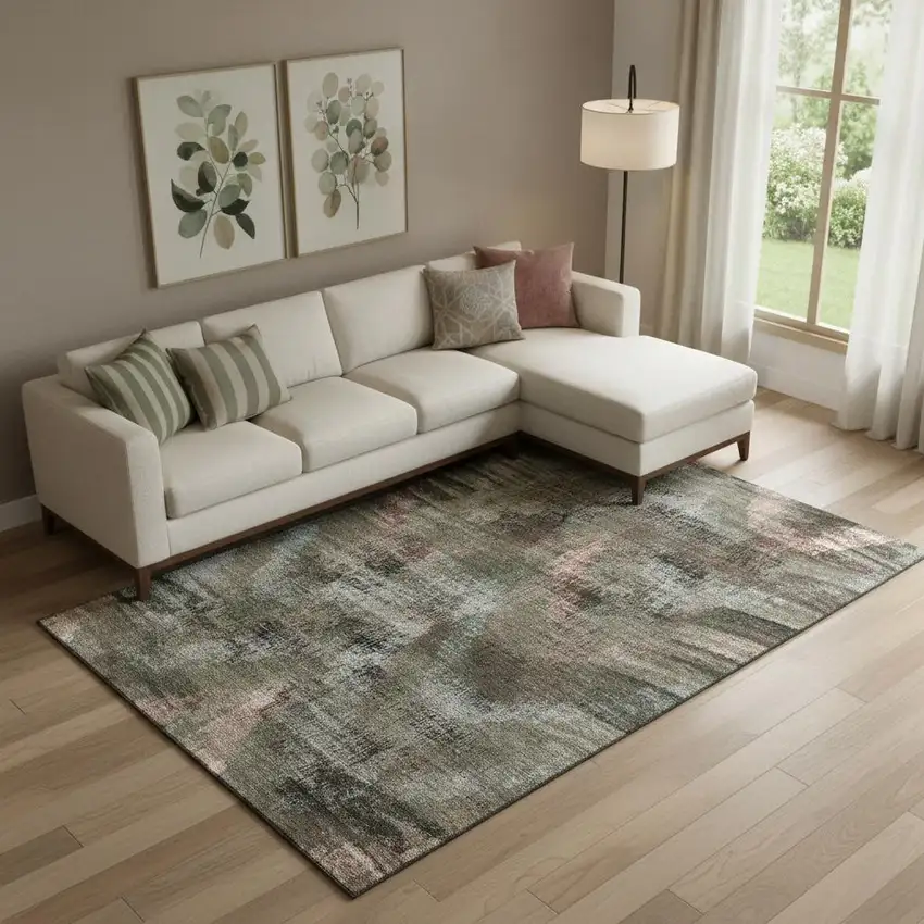 Brown Salmon And Gray Abstract Washable Area Rug With UV Protection Photo 1