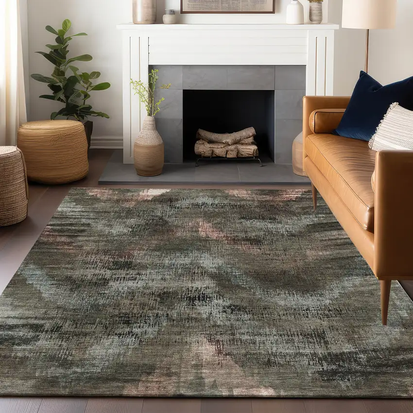 Brown Salmon And Gray Abstract Washable Area Rug With UV Protection Photo 6