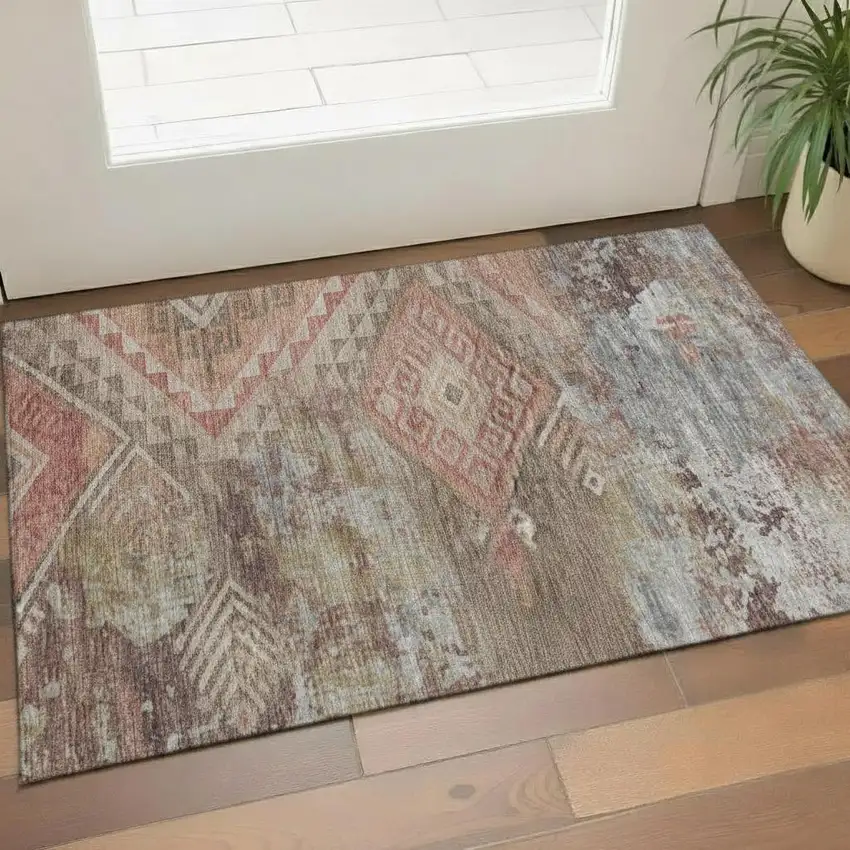 Brown Salmon And Ivory Geometric Washable Area Rug With UV Protection Photo 2