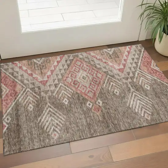 Brown Salmon And Ivory Geometric Washable Area Rug With UV Protection Photo 1