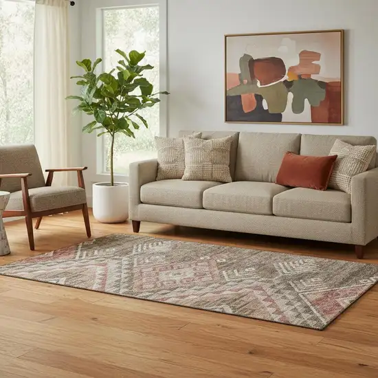 Brown Salmon And Ivory Geometric Washable Area Rug With UV Protection Photo 2