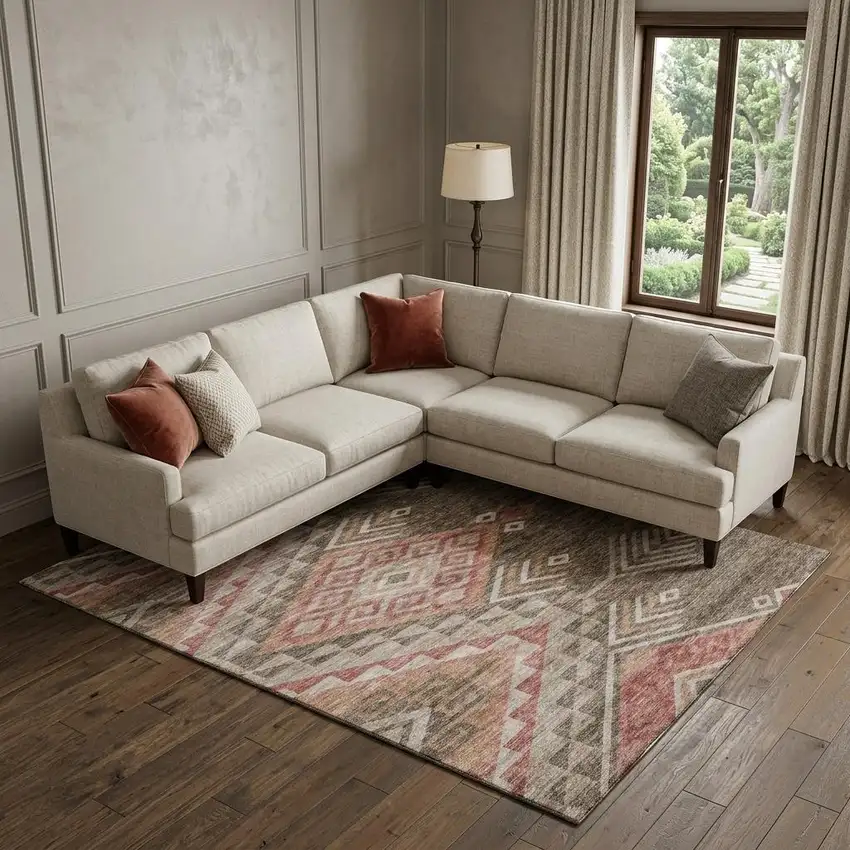 Brown Salmon And Ivory Geometric Washable Area Rug With UV Protection Photo 1