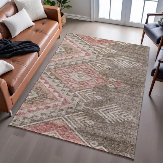 Brown Salmon And Ivory Geometric Washable Area Rug With UV Protection Photo 5