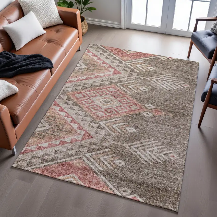 Brown Salmon And Ivory Geometric Washable Area Rug With UV Protection Photo 5