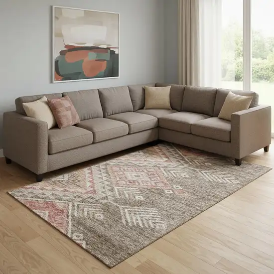 Brown Salmon And Ivory Geometric Washable Area Rug With UV Protection Photo 2