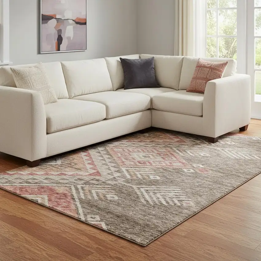 Brown Salmon And Ivory Geometric Washable Area Rug With UV Protection Photo 2