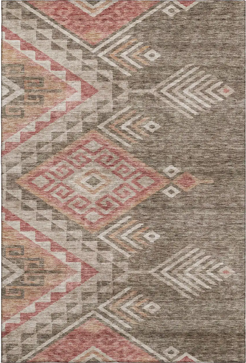 Brown Salmon And Ivory Geometric Washable Area Rug With UV Protection Photo 1