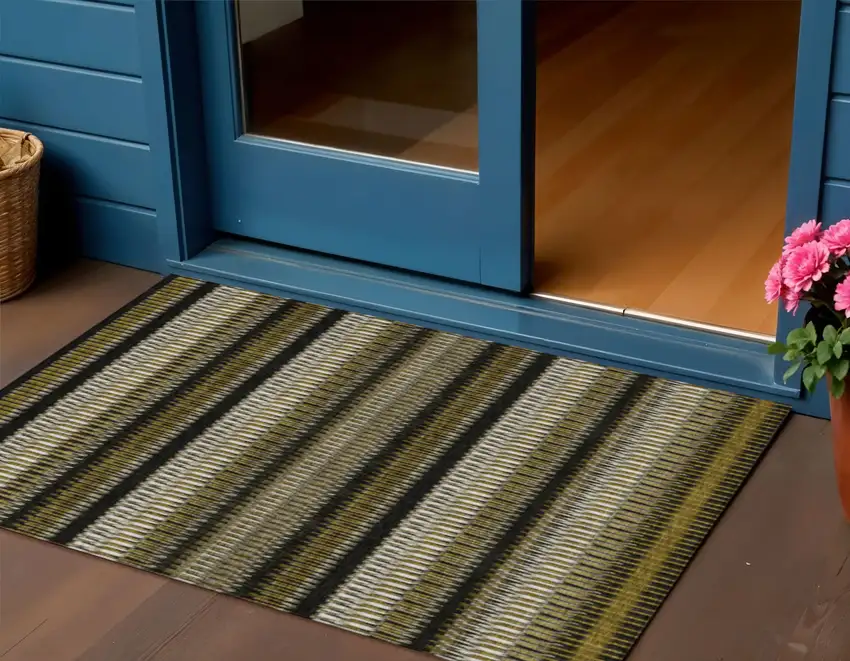 Brown Striped Washable Non Skid Indoor Outdoor Area Rug Photo 1