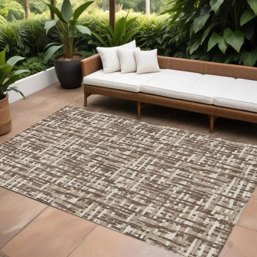 Brown Tan And Beige Abstract Washable Indoor Outdoor Area Rug Photo 1