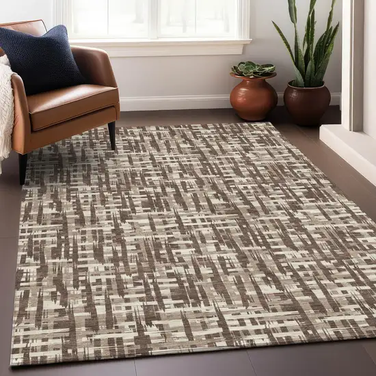 Brown Tan And Beige Abstract Washable Indoor Outdoor Area Rug Photo 9