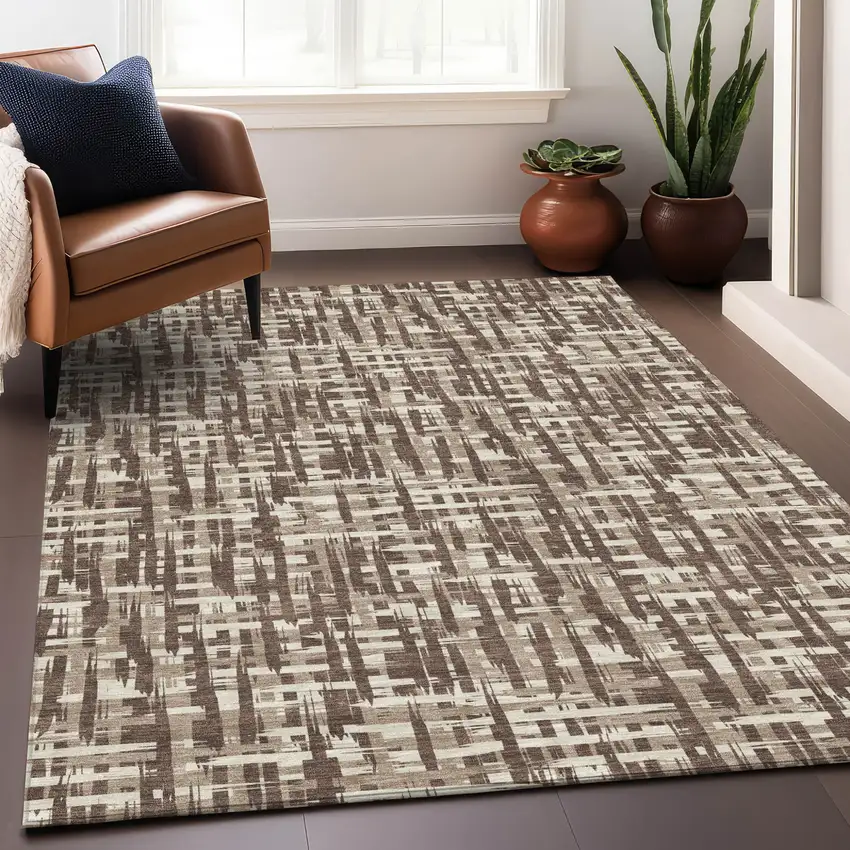 Brown Tan And Beige Abstract Washable Indoor Outdoor Area Rug Photo 9