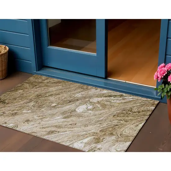 Brown Tan And Beige Abstract Washable Indoor Outdoor Area Rug Photo 1