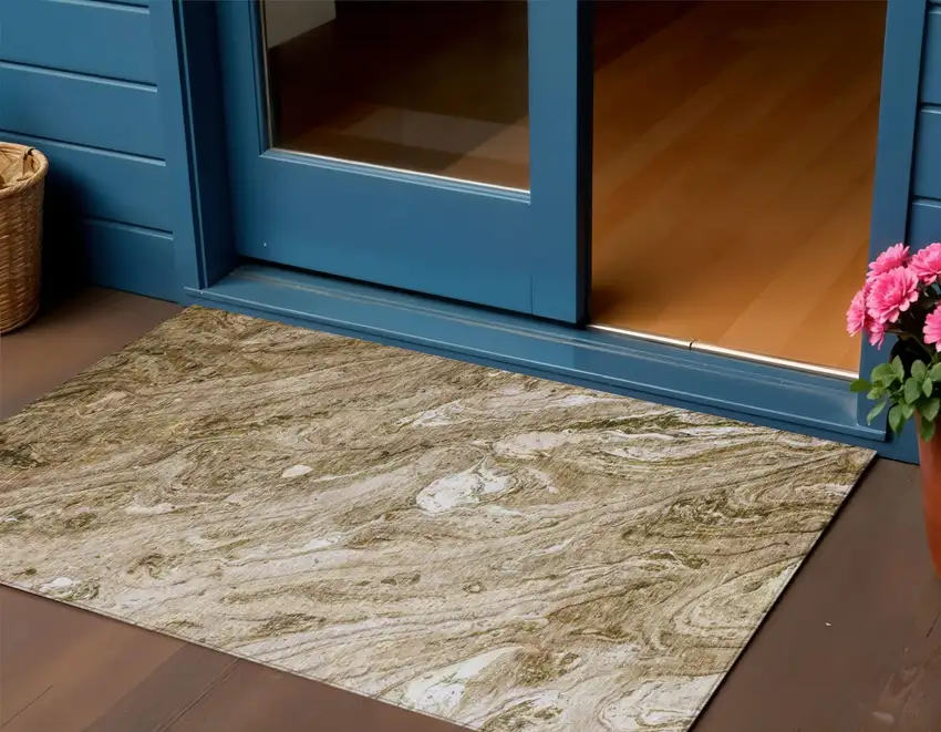 Brown Tan And Beige Abstract Washable Indoor Outdoor Area Rug Photo 1