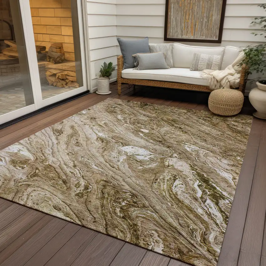 Brown Tan And Beige Abstract Washable Indoor Outdoor Area Rug Photo 6