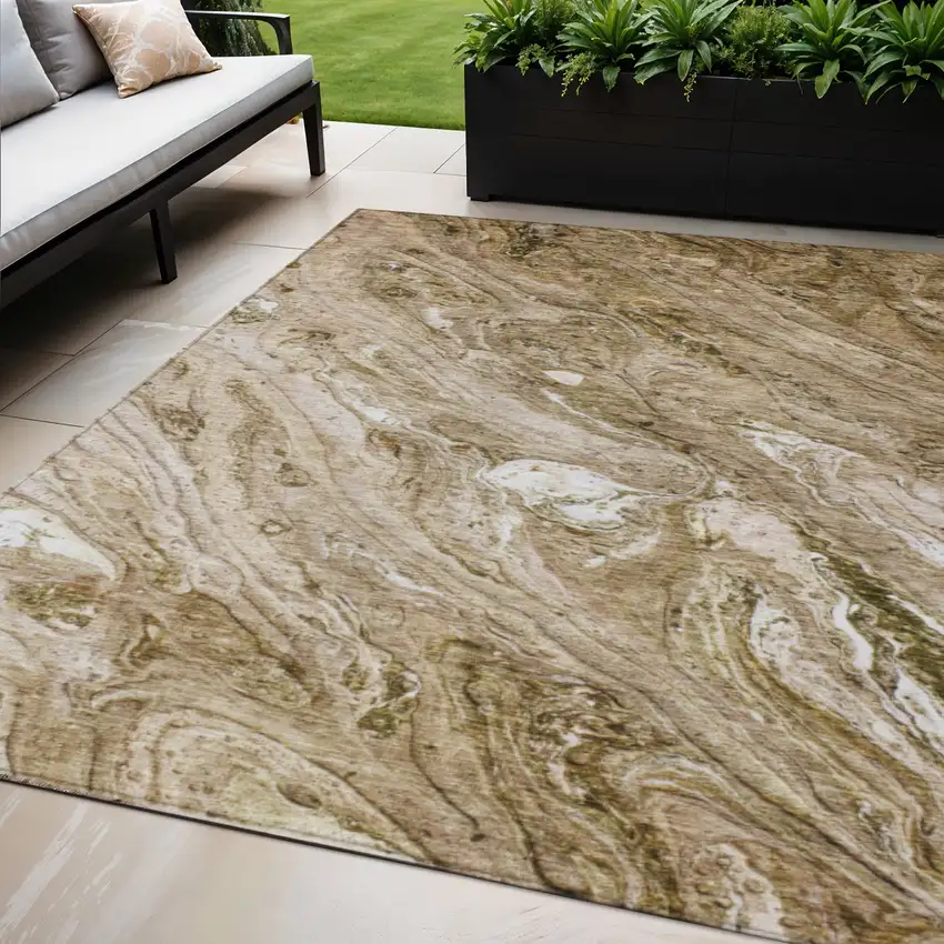 Brown Tan And Beige Abstract Washable Indoor Outdoor Area Rug Photo 1