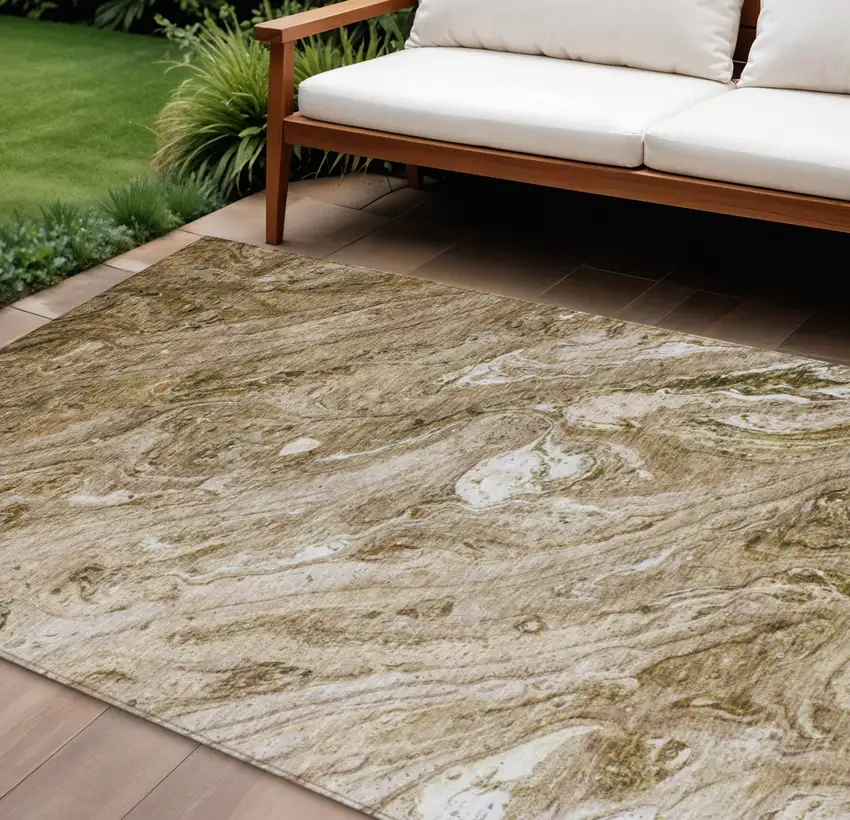 Brown Tan And Beige Abstract Washable Indoor Outdoor Area Rug Photo 1