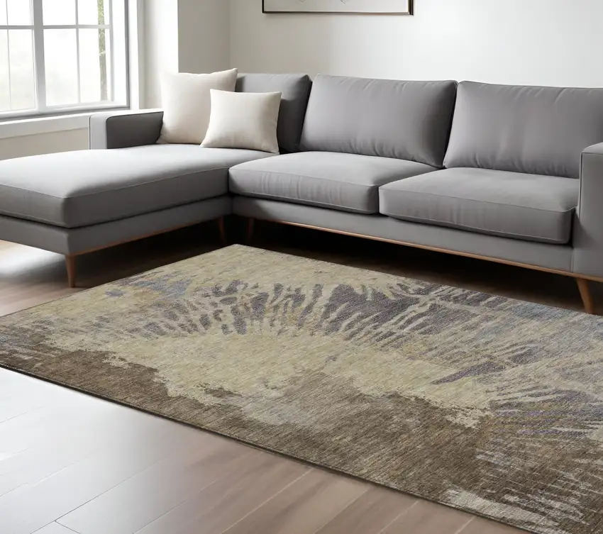 Brown Tan And Beige Abstract Washable Indoor Outdoor Area Rug Photo 8